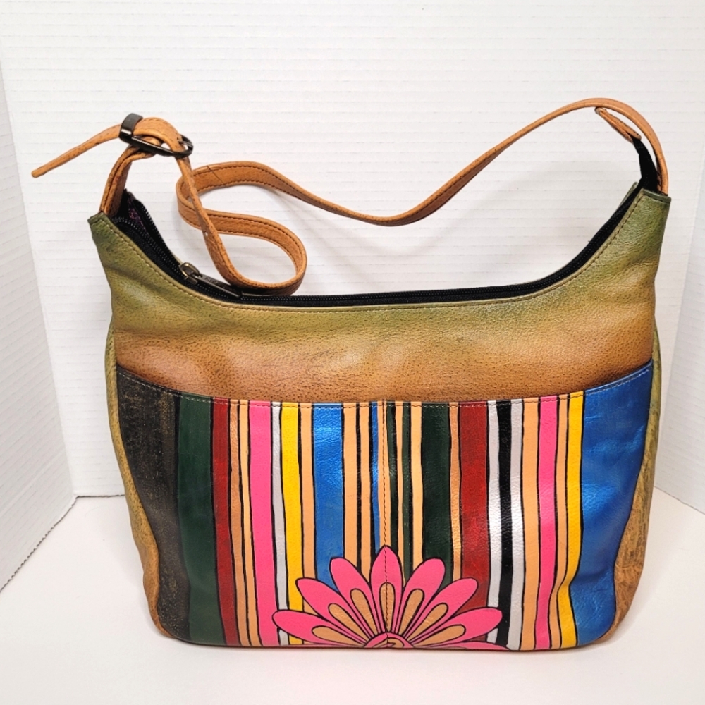 Floral Stripe Tan Anuschka Handbag Handpainted Leather Shoulder Bag Purse Excell